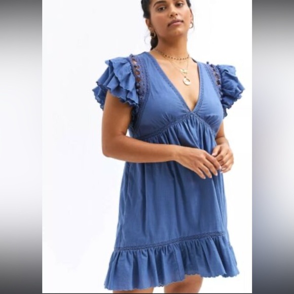 Anthropologie Women’s Size Small Blue Ruffle Flutter Sleeve Plunge Mini Dress - Picture 1 of 14